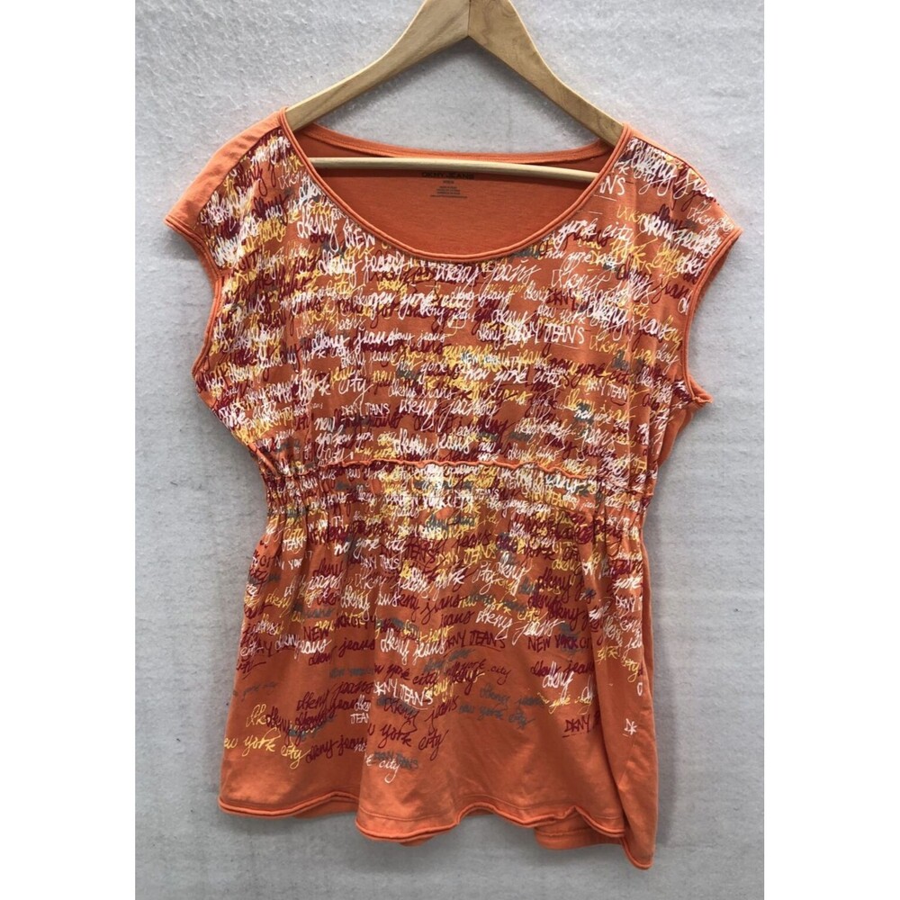 DKNY Womens T Shirt M Orange Peplum Hem Spell Out Sleeveless Graphic Y2K